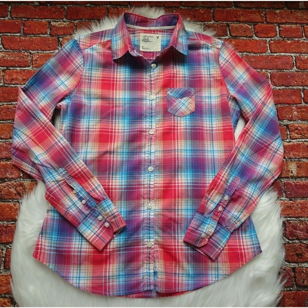 ๐ฐ3/$25 American Eagle Outfitters Button Down Shirt Top LS Plaid Western 4 - Picture 5 of 12